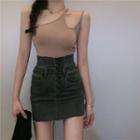 Camisole Top / Denim Mini Pencil Skirt / Cardigan