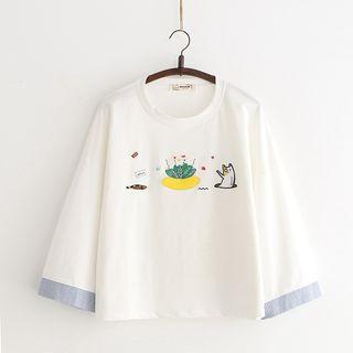 Panel Cuff Cat Embroidered Round Neck Top