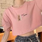 Short-sleeve Print Cropped T-shirt / Plaid Wide Leg Pants