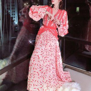 Long-sleeve Leaf Print A-line Maxi Dress