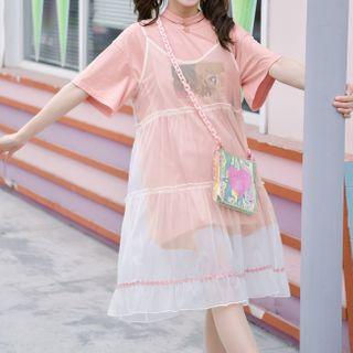 Short-sleeve Printed T-shirt / Mesh Layer Spaghetti Strap Dress