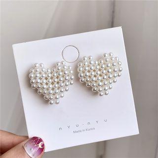 925 Sterling Silver Faux Pearl Heart Stud Earring 1 Pair - Earrings - One Size