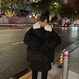 Furry Collar Padded Zip Jacket Black - One Size