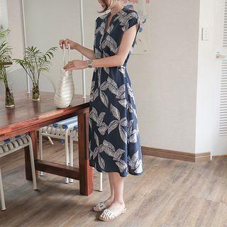 Open-placket Drawstring-waist Pattern Dress Navy Blue - One Size