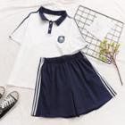 Set: Short Sleeve Applique Polo Shirt + Shorts White - One Size