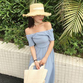 Plain Off-shoulder Slim-fit Short-sleeve Dress