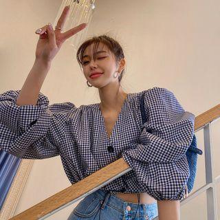 Balloon-sleeve Tie-hem Checked Cropped Blouse
