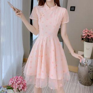 Short-sleeve Dotted A-line Chiffon Qipao Dress