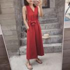 Sleeveless V-neck Wide-leg Jumpsuit With Belt