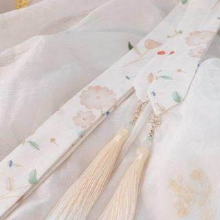 Flower Print Tassel Hair Tie Beige - One Size