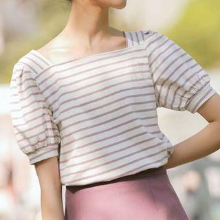 Short-sleeve Square Neckline Striped Top