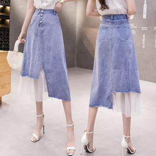 High-waist Mesh Panel Denim Skirt