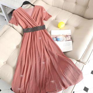 V-neck Sequin Mesh Dress