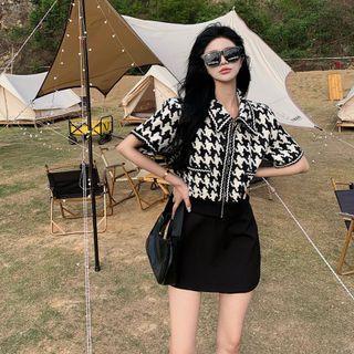 Short-sleeve Zip Houndstooth Crop Shirt / Mini Skort