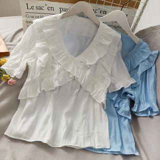 Lace-trim Ruffled V-neck Top