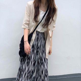 Elbow-sleeve Single-breasted Blazer / Printed Wide-leg Pants