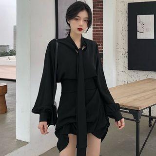 Long-sleeve Tie-neck Shirt / Asymmetric Mini Skirt