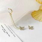 Butterfly Rhinestone Chained Asymmetrical Earring 1 Pair - White & Gold - One Size