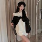 Cold-shoulder Ribbon Two-tone Sweatshirt White - One Size