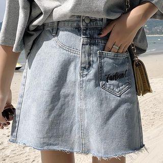 Letter Embroidered Mini A-line Denim Skirt