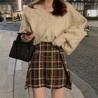 V-neck Open-back Sweater / Plaid A-line Mini Skirt