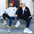 Couple Matching Letter Patch Hooded Zip Jacket