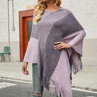 Fringed Color Block Knit Cape