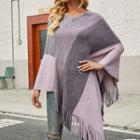 Fringed Color Block Knit Cape
