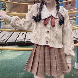 Tie Neck Blouse / Cardigan / Plaid Pleated Skirt / Set