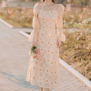 Long-sleeve Square-neck Floral Lace Midi A-line Dress
