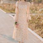 Long-sleeve Square-neck Floral Lace Midi A-line Dress