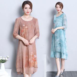 3/4-sleeve Printed Layered Dress