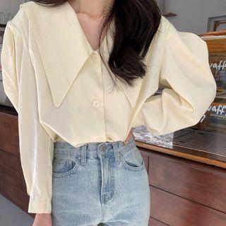 Plain Doll-collar Blouse Almond - One Size
