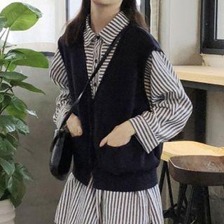 Striped Long-sleeve Shirt Dress Stripes - Gray & White - One Size