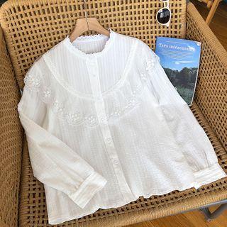 Plain Crewneck Lace-trim Long-sleeve Blouse White - One Size