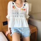 Short-sleeve Flower Embroidered Crochet Lace Blouse