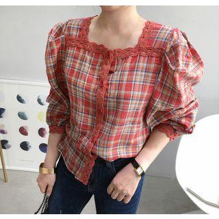 Puff 3/4-sleeve Lace-trim Plaid Blouse