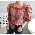 Puff 3/4-sleeve Lace-trim Plaid Blouse