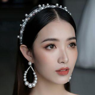 Wedding Set: Faux Pearl Headband + Drop Earring Set - Headband & 1 Pair - Threader Earrings - Pendant - One Size