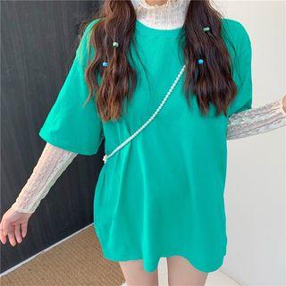 Elbow-sleeve T-shirt / Long-sleeve Mock-neck Lace Top