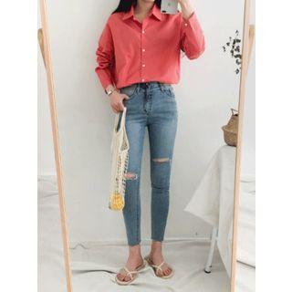 Fray-hem Slit-knee Washed Skinny Jeans