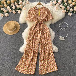 Short-sleeve Floral Wide Leg Jumpsuit