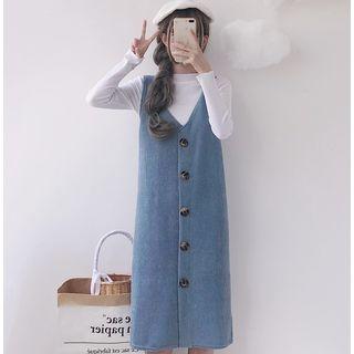 Mock-neck Long-sleeve T-shirt / V-neck Knitted Pinafore Dress