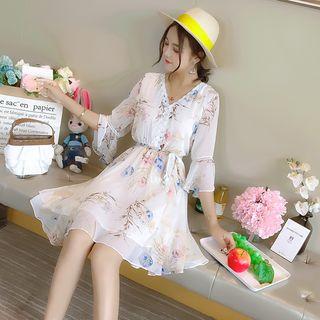 Ruffled-trim Flare-sleeve Chiffon Dress