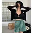 Plain Light Cardigan / Sleeveless Top / Pattern High-waist Shorts / Necklace