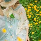 Off-shoulder Floral Embroidered Drawstring Blouse / Midi A-line Skirt