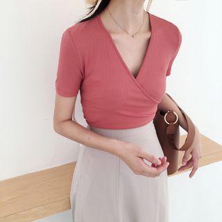 Striped Plain V-neck Slim-fit Short-sleeve Top
