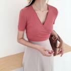 Striped Plain V-neck Slim-fit Short-sleeve Top