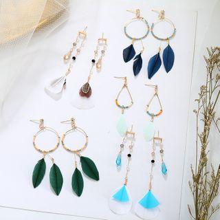 Feather Drop Earring 1 Pair - Blue & White - One Size