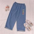Cartoon Embroidered Wide Leg Jeans Blue - One Size